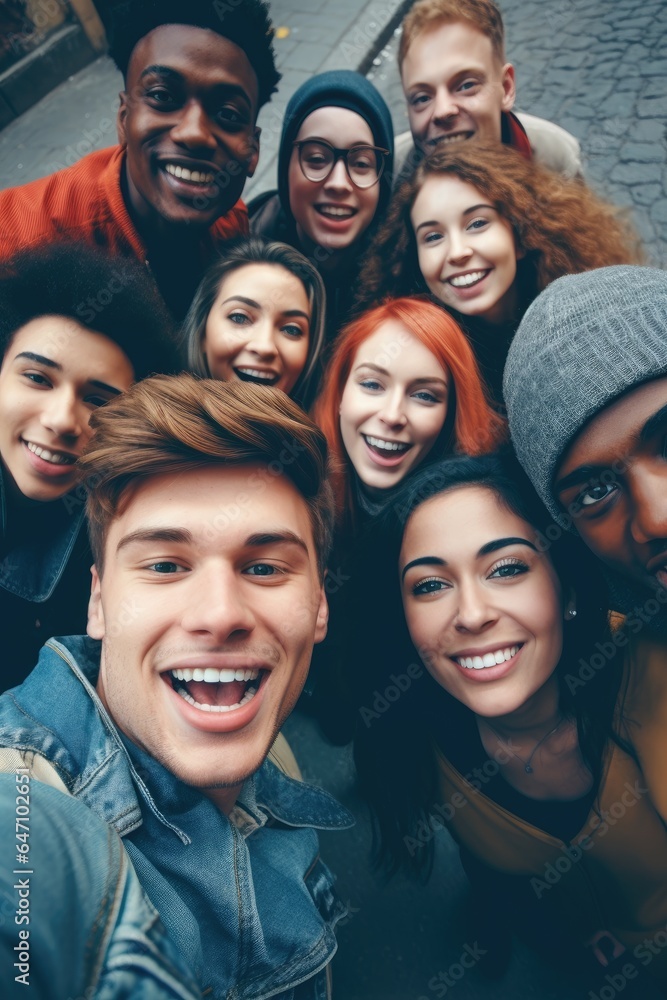 Young diverse community of college students selfie photo. generative ai Young diverse community of college students selfie photo. generative ai