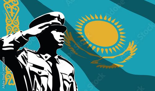 Silhouette of soldier with Kazakhstan flag on background.