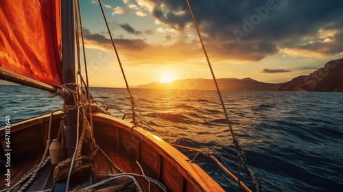 sailboat at sunset, small boat close-up photo sailing to the sunset.