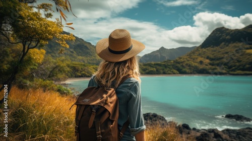 Woman with a backpack and hat travel in a tropical island, generative ai