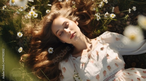Fototapeta Naklejka Na Ścianę i Meble -  Young caucasian woman lying in the flowering meadow in the summer top-down close-up. generative ai