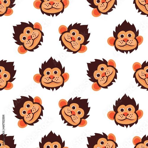 Seamless pattern with funny monkey face. Vector illustration of a tropical animal on a white background. Children s cartoon illustration for printing on textiles and paper