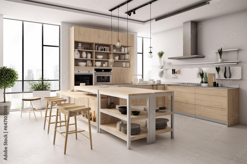 Stylish kitchen interior with bar island and stool, side view on white concrete floor. Kitchenware and decoration, cooking area with panoramic window on tropics. Stylish kitchen interior with bar island and stool, side view on white concrete floor. Kitchenware and decoration, cooking area with panoramic window on tropics.