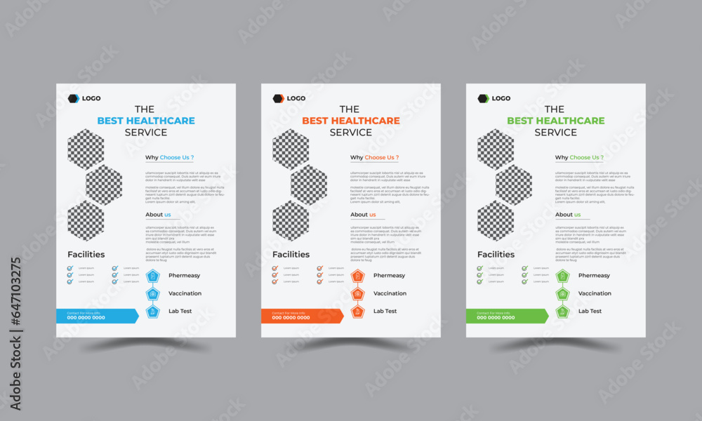 Modern Medical Healthcare services flyer with three sets or three Colour variation template or poster layout for medical healthcare vector editable for you or your business.
