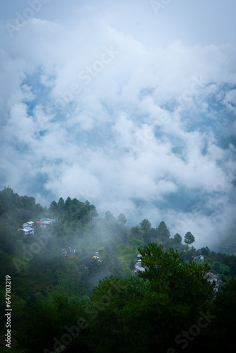 Mountain green valley and cloudy rainy sky.Pasture in mountain valley, Mountain landscape, Natural background