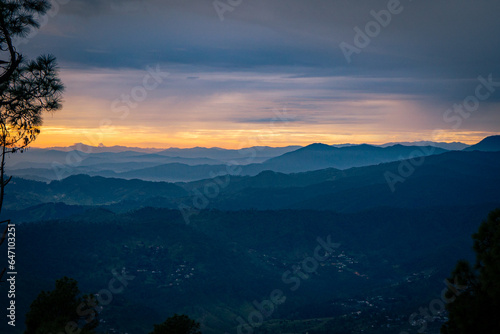 Beautiful landscape view of pine forest and sunset at himalayan range  Almora  Ranikhet  Uttarakhand  India with selective focus. Colourful sunset in Almora city  Kasardevi area.