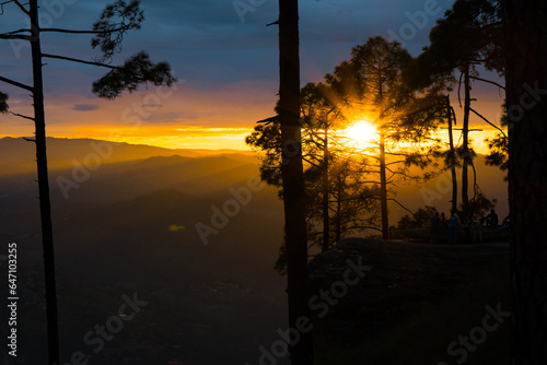 Beautiful landscape view of pine forest and sunset at himalayan range, Almora, Ranikhet, Uttarakhand, India with selective focus. Colourful sunset in Almora city, Kasardevi area.