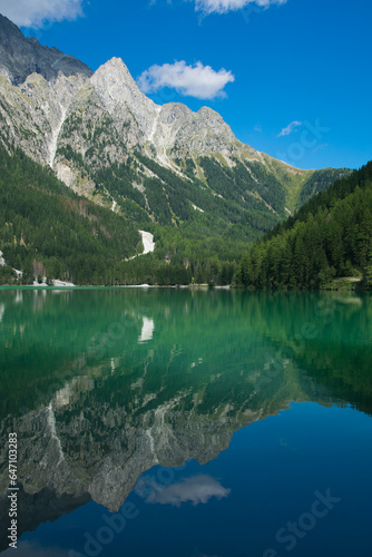 View of lake antholz, a beautiful lake in South Tyrol, Italy