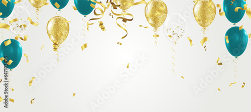 Gold balloons, and green confetti and streamers on white background. Vector illustration.