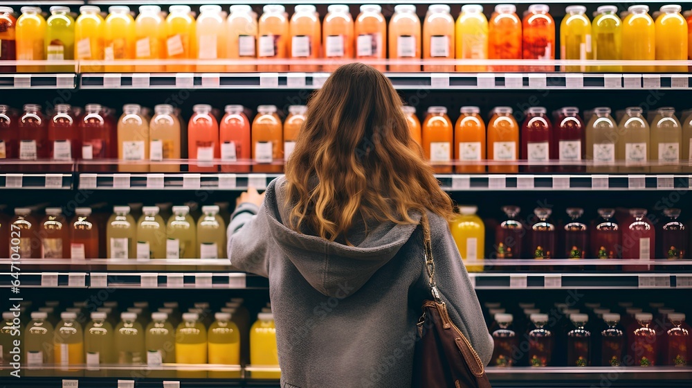 A woman choosing juice from a supermarket shelf, choosing a range of drinks and shopping in a store. - obrazy, fototapety, plakaty 