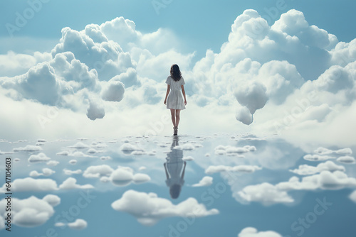 A young attractive woman walks in the sky on the clouds