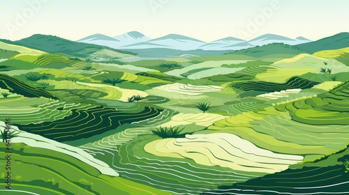Illustration cartoon rice fields, AI generated Image