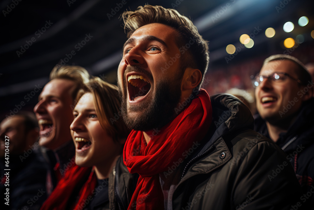 Fans at the stadium support their team. Excited fans shout slogans in support of the athletes Fans at the stadium support their team. Excited fans shout slogans in support of the athletes