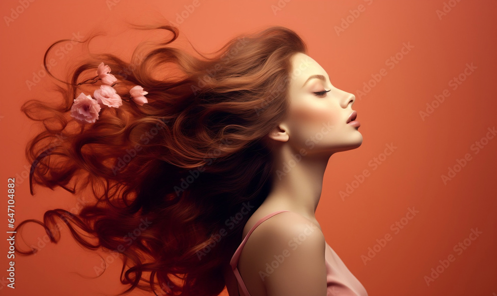 portrait of a woman with brown hair Orange background 