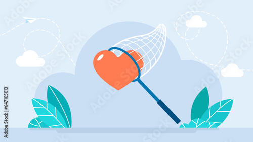 Searching for passion, motivation or work inspiration. Searching for love and romance concept. Finding relationship, romance dating, desire or aspiration concept. Vector flat style illustration