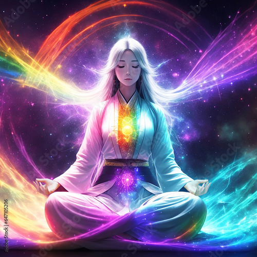 Meditation yoga, chakra, スピリチュアル, 瞑想, spiritual, manga, a fictional person, illustration art, Generative AI