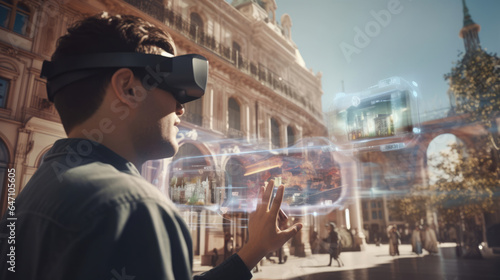A person using HUD glasses for a virtual city tour, with historical landmarks and points of interest displayed in real-time