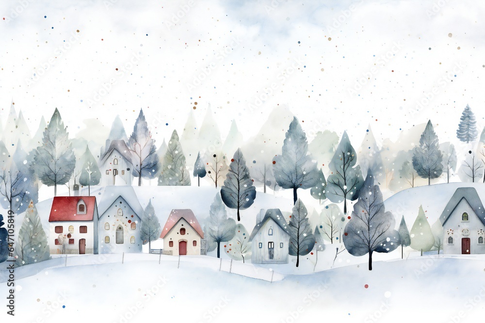 Fototapeta premium White watercolor winter Christmas background with many small trees and houses Generative AI