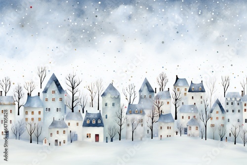 White watercolor winter Christmas background with many small trees and houses Generative AI © LayerAce.com