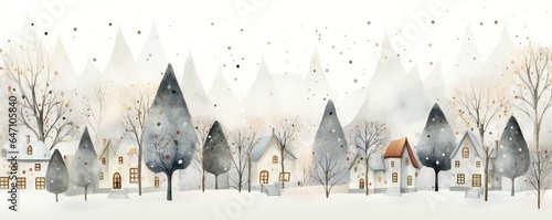 White watercolor winter Christmas background with many small trees and houses Generative AI © LayerAce.com