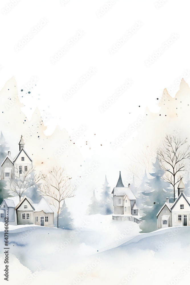 Fototapeta premium White watercolor winter Christmas background with many small trees and houses Generative AI