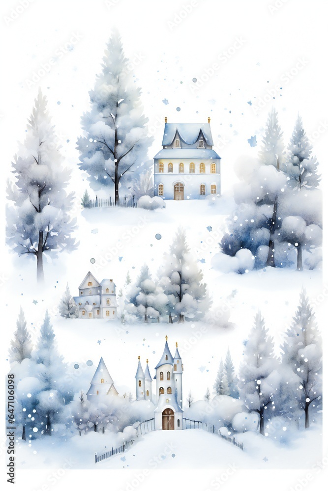 White watercolor winter Christmas background with many small trees and houses Generative AI White watercolor winter Christmas background with many small trees and houses Generative AI