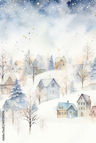 Wallpaper Mural White watercolor winter Christmas background with many small trees and houses Generative AI Torontodigital.ca