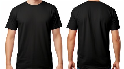 A man is wearing a black t-shirt with half sleeves, both on the front and back sides.