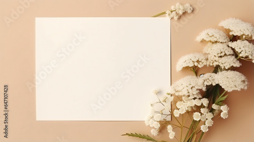 Blank paper sheet card and yarrow flowers on neutral