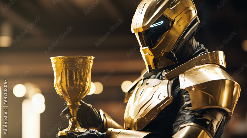 Armored futuristic knight looks at trophy. Esporta gap