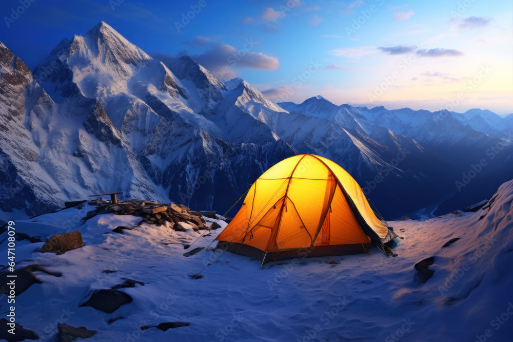 Camping with tent in mountains at night in winter. Hiking adventure