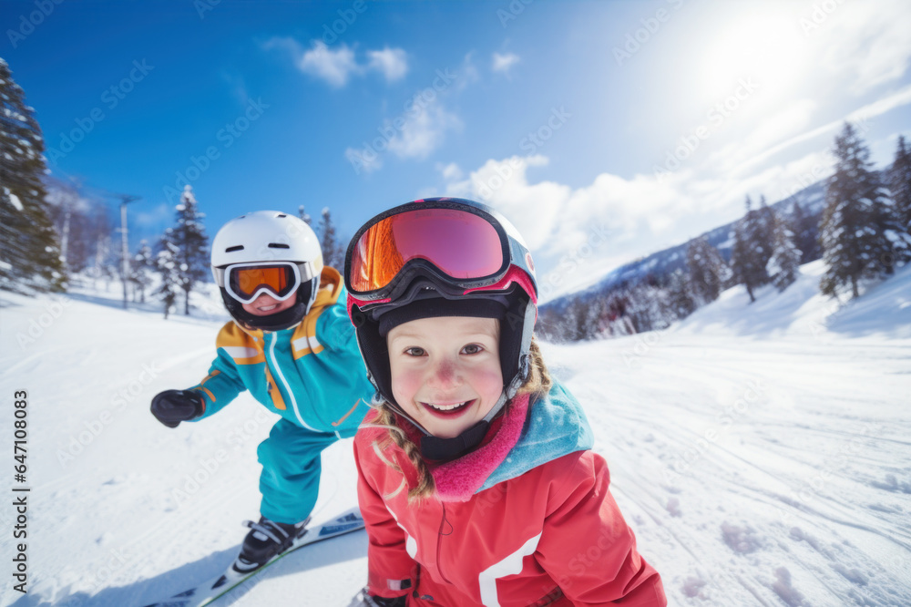 Children skiing in the mountains, happy wintertime, winter break