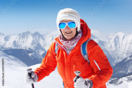 Senior active couple ski in mountains