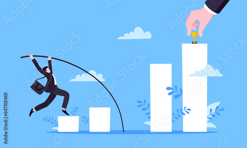 Businessman jumps pole vault over graph bars flat style design vector illustration business concept. Business growth and goal achievement concept.