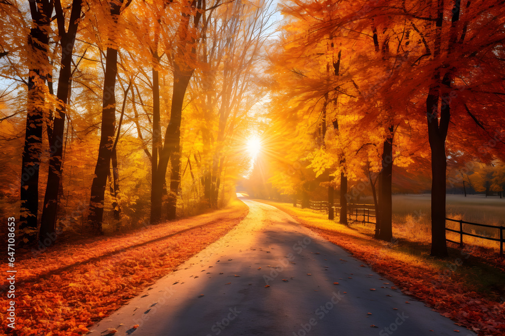 Picturesque natural autumn landscape with sun, blue sky, road and beautiful trees with red and orange foliage