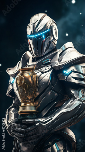 Armored futuristic knight looks at trophy. Esporta gap