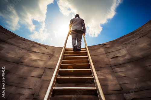 businessman climbing high ladder,concrete wall,worm eye view,sky,sunshine,stockphoto.