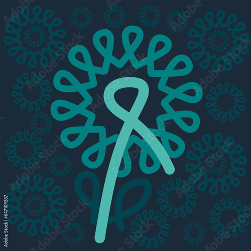 Teal ribbons in flower form with pattern background. Ovarian cancer awareness campaign concept.