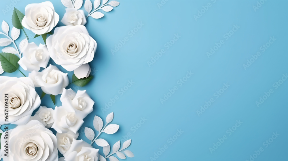 Arrangement of beautiful roses. White paper frame on blue background