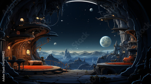 cartoon landscape spaceship