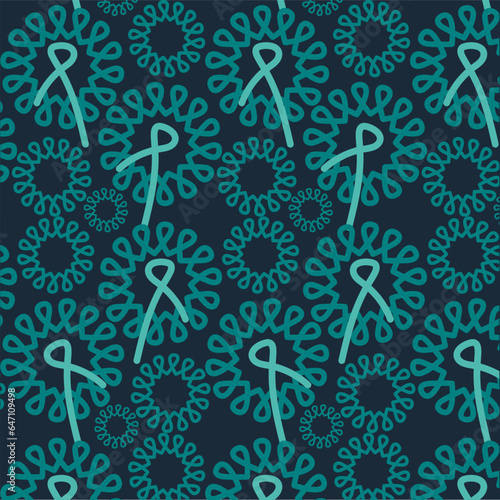 Teal ribbons in flower form pattern. Ovarian cancer awareness campaign concept.