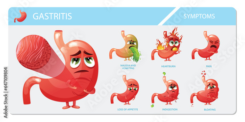 Gastritis symptoms infographic with cartoon stomach characters