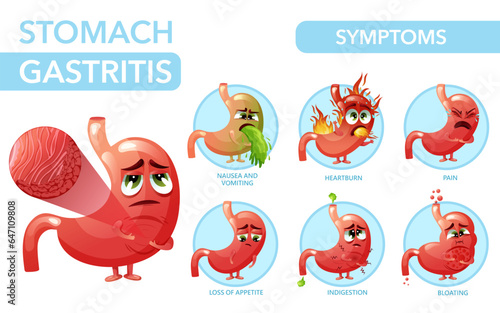 Gastritis symptoms infographic with cartoon stomach characters