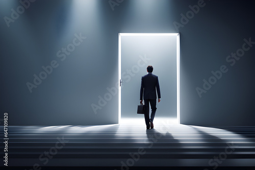 Motivation and success themed visual showing a businessman walking from the dark area to the bright door from the back view.