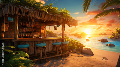 Beach Bar am tropischen Strand im Sonnenuntergang