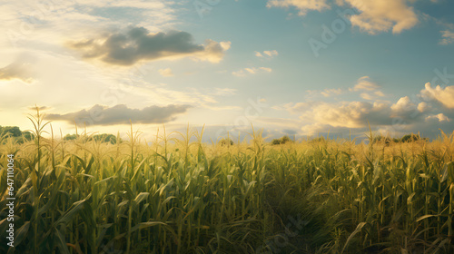 Witness the serene beauty of a cornfield bathed in the soft light of dusk. The detailed photography captures the tall stalks  the gentle rustling of leaves  and the tranquility of the countryside.