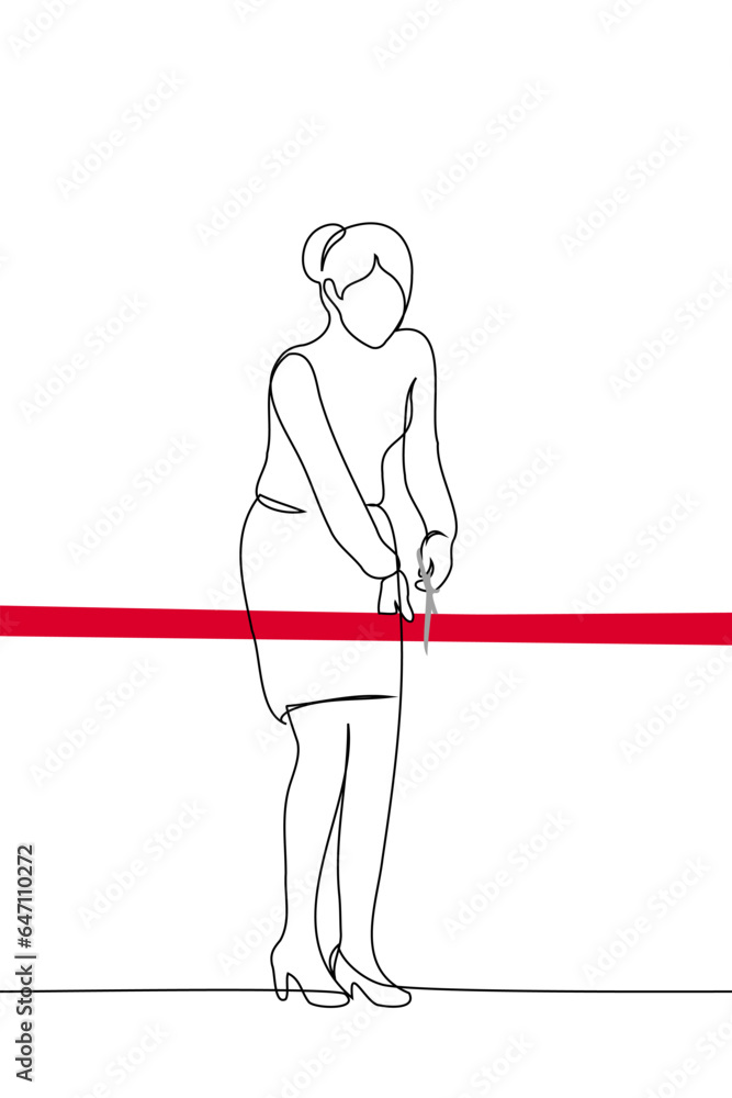 woman stands in office clothes and cuts the red ribbon stretched out in front of her with scissors - one line art vector. concept of the grand opening of a new building, metaphor for achieving public