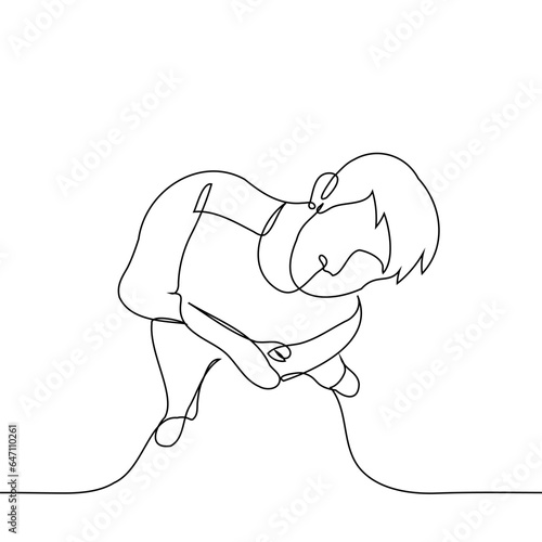 man stands at full height with crossed arms and looks up - one line art vector. concept of someone small but confident