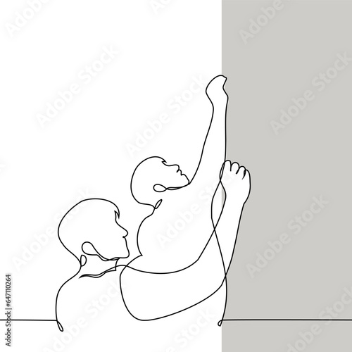 men stand and write on the wall - one line art vector. concept two people write simultaneously on the board, solving speed problems, vandals spoil the wall with inscriptions