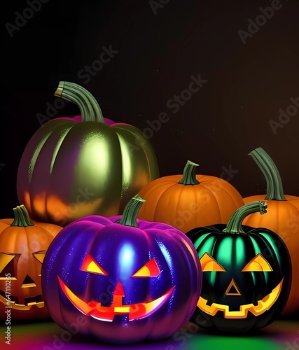 Halloween design with pumpkins in Y2K Aesthetic style. Pink and blue colors with metalic and chrome texture.